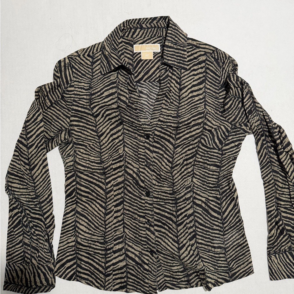Michael Kors Women's Thin LS Button Up, Zebra Pattern, Size 4 Petite
